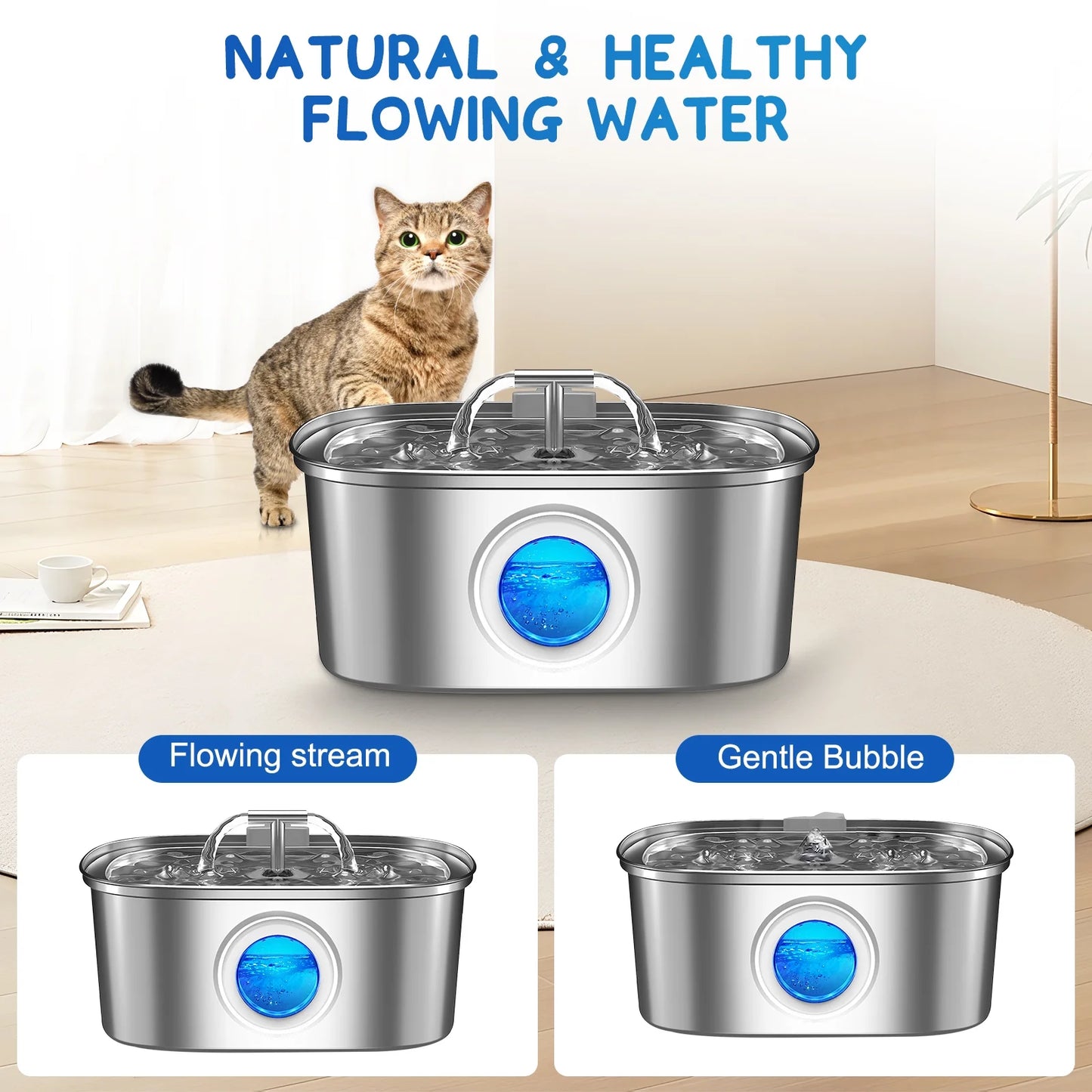 Cat Water Fountain Stainless Steel,  108Oz/3.2L Pet Fountain with Water Level Window, Dog Water Dispenser Drinking Fountain with 4 Replacement Filters for Cats, Dogs